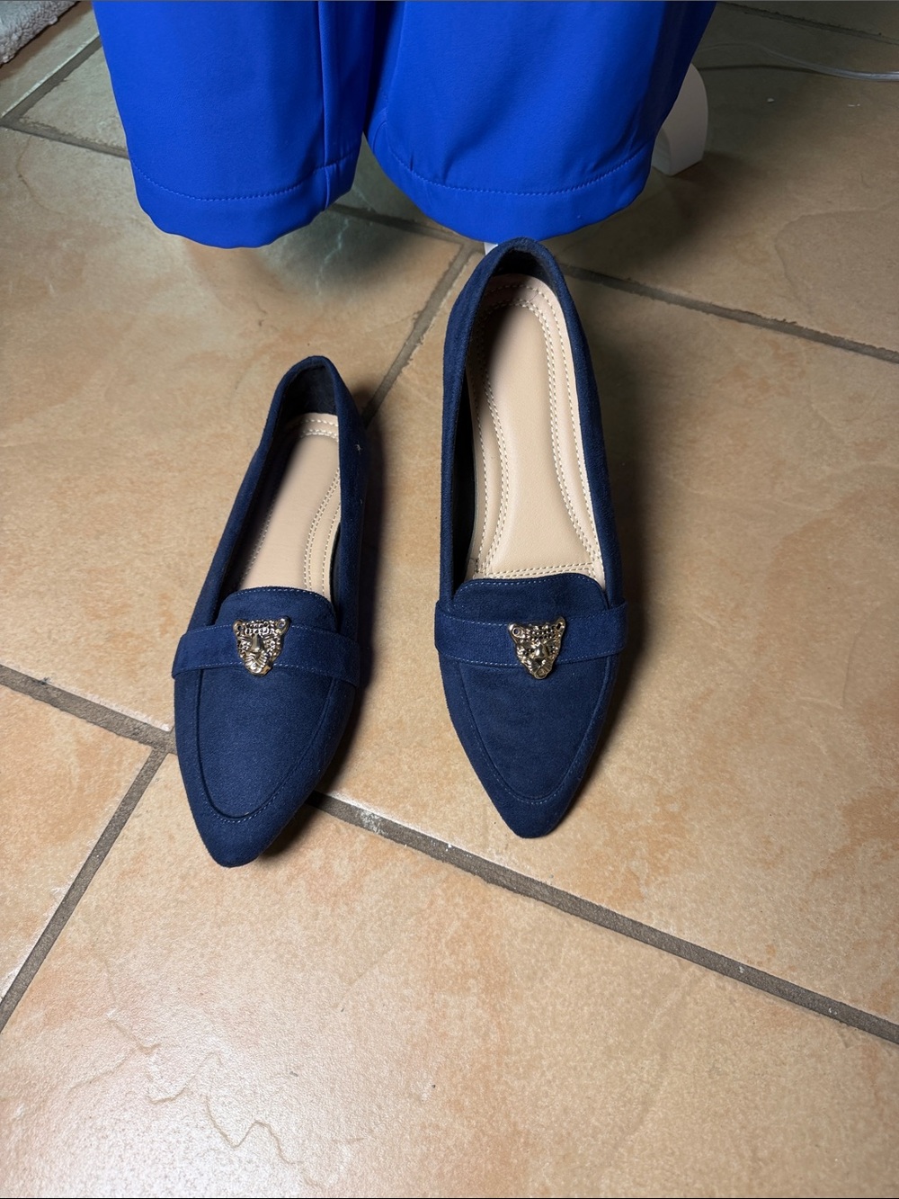 Women’s Navy Pointed Toe Loafers with Gold Accent